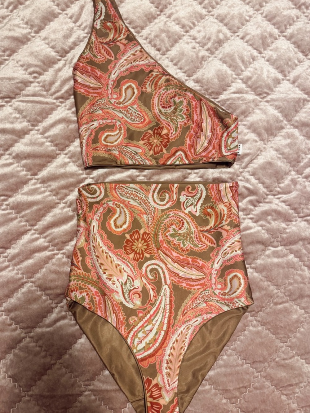 One-Shoulder High-Waist Paisley Bikini Set - Brown & Coral Brand: BAIIA SIZE 4